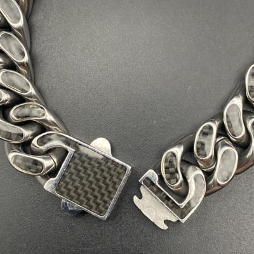Stainless Steel Bracelet Black Carbon Fiber-Style Miami Curb Link Cuban Hip Hop - Picture 5 of 5